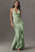 Green Light Mermaid Halter-Neck Sleeveless Bow-Back Ruffle Floor-Length Prom Dress