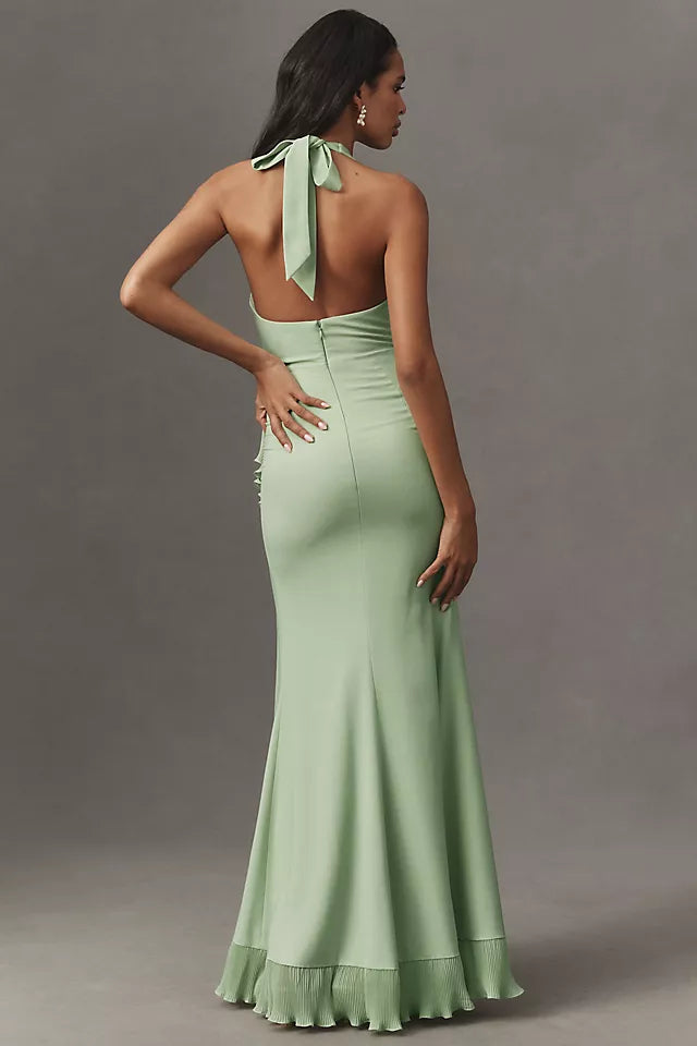 Green Light Mermaid Halter-Neck Sleeveless Bow-Back Ruffle Floor-Length Prom Dress
