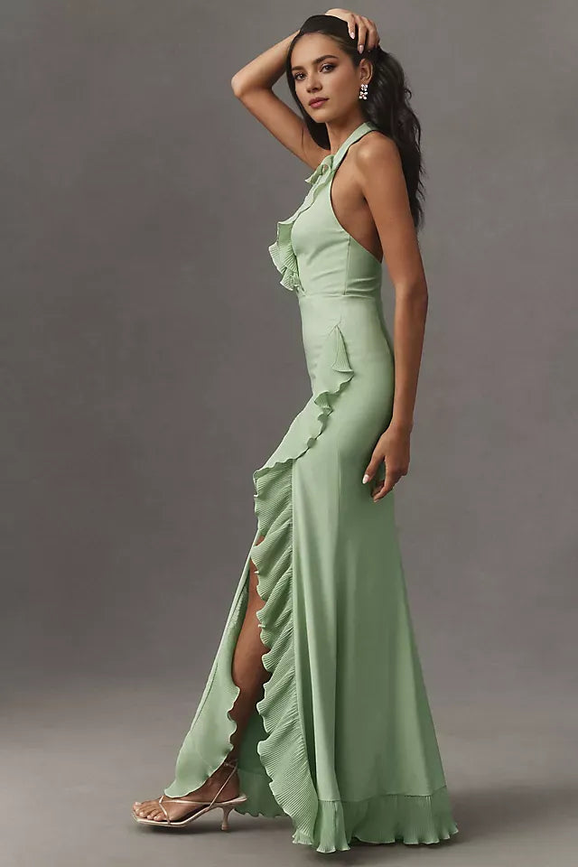 Green Light Mermaid Halter-Neck Sleeveless Bow-Back Ruffle Floor-Length Prom Dress
