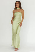 Pistachio Satin Strapless Halter-Neck Cowl-Back Floor-Length Prom Dress