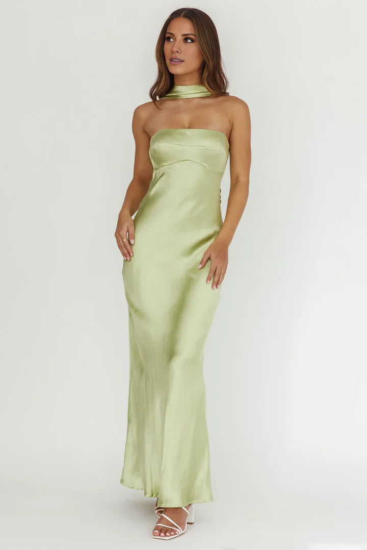 Pistachio Satin Strapless Halter-Neck Cowl-Back Floor-Length Prom Dress