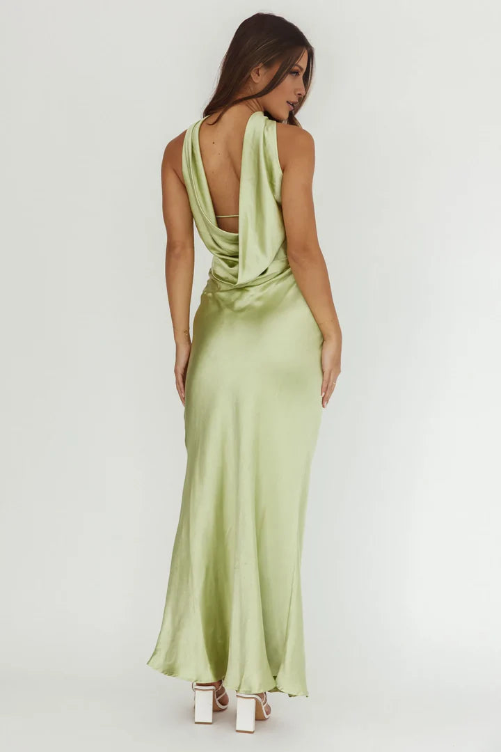 Pistachio Satin Strapless Halter-Neck Cowl-Back Floor-Length Prom Dress
