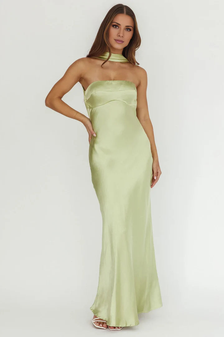 Pistachio Satin Strapless Halter-Neck Cowl-Back Floor-Length Prom Dress