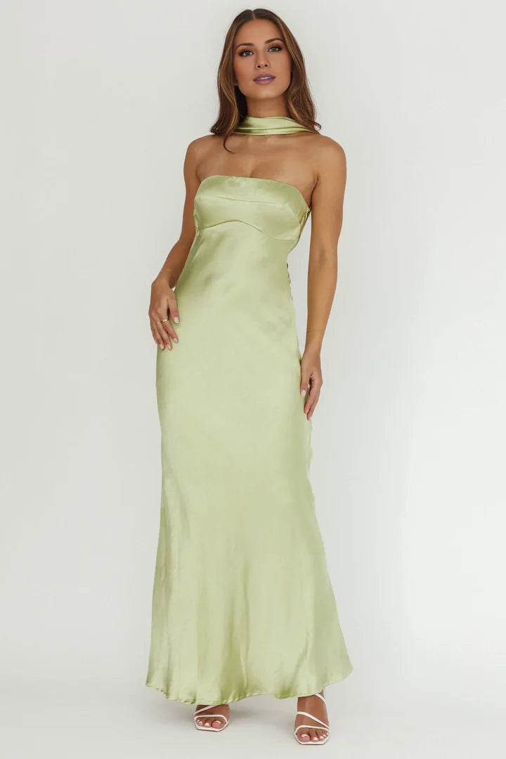 Pistachio Satin Strapless Halter-Neck Cowl-Back Floor-Length Prom Dress