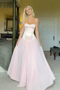 Pink Light A Line Sweetheart Spaghetti-Strap Pleated Floor-Length Prom Dresses with Ruffles