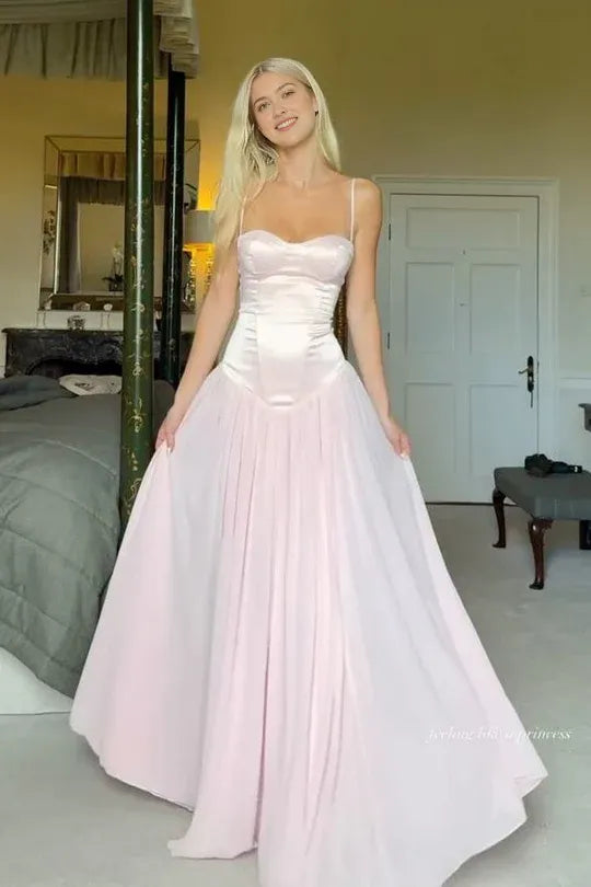 Pink Light A Line Sweetheart Spaghetti-Strap Pleated Floor-Length Prom Dresses with Ruffles