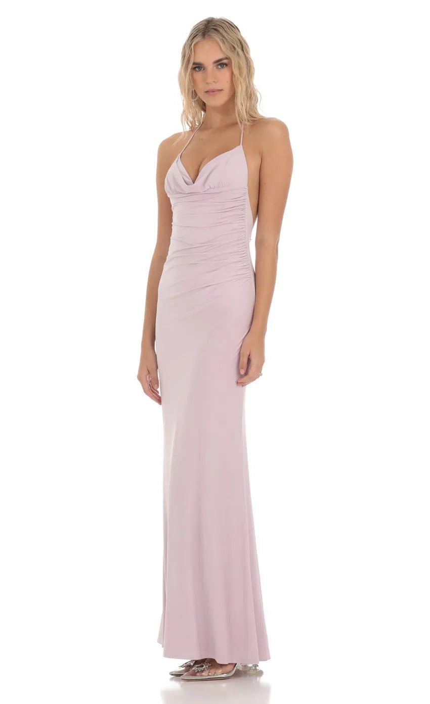 Pink Light Halter Prom Dress Draped Neckline Ruched Bodice Floor Length Silhouette Perfect for a Graceful Prom Evening