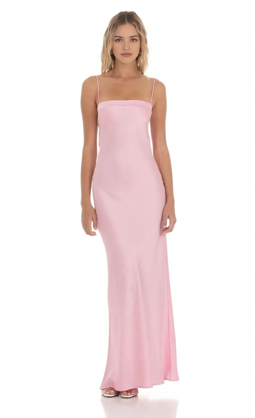 Pink Light Slip Prom Dress with Thin Spaghetti Straps and Bodycon Silhouette Perfect for Formal Evening Events and Prom Night