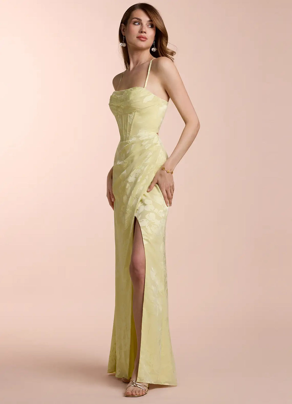 Yellow Light Jacquard Prom Dress with Spaghetti Straps Ruched Bodice and High Slit for Formal Galas