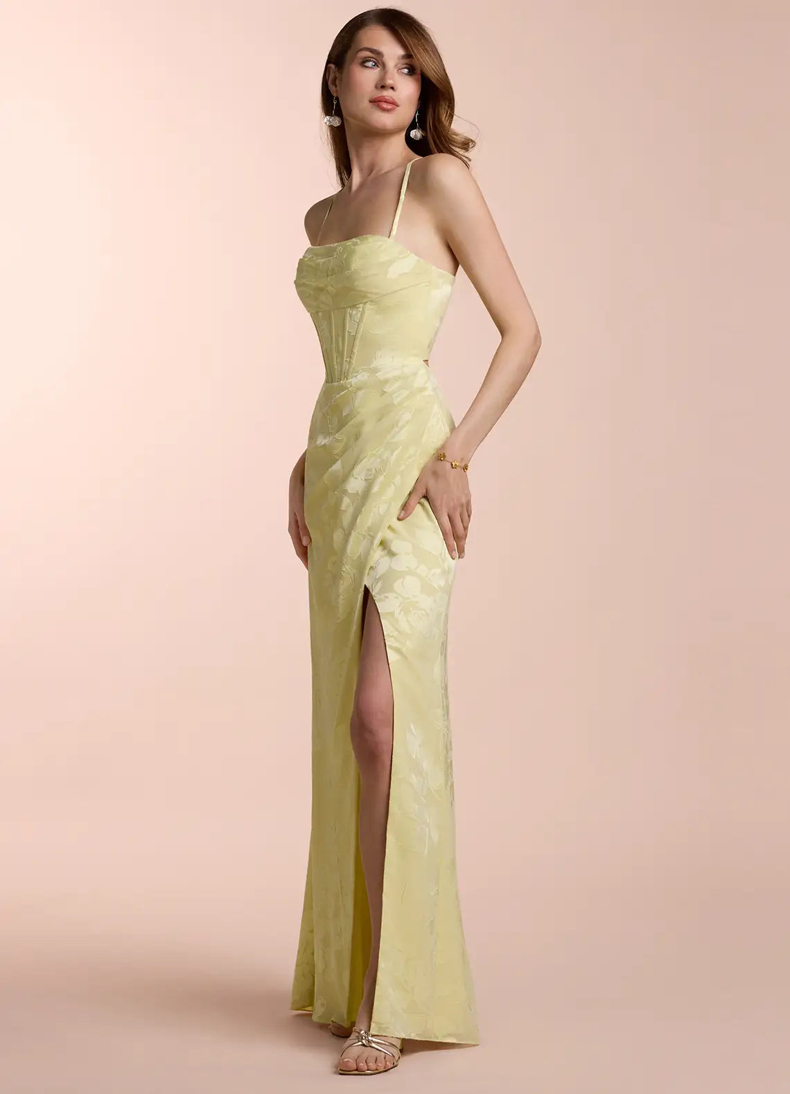 Yellow Light Jacquard Prom Dress with Spaghetti Straps Ruched Bodice and High Slit for Formal Galas