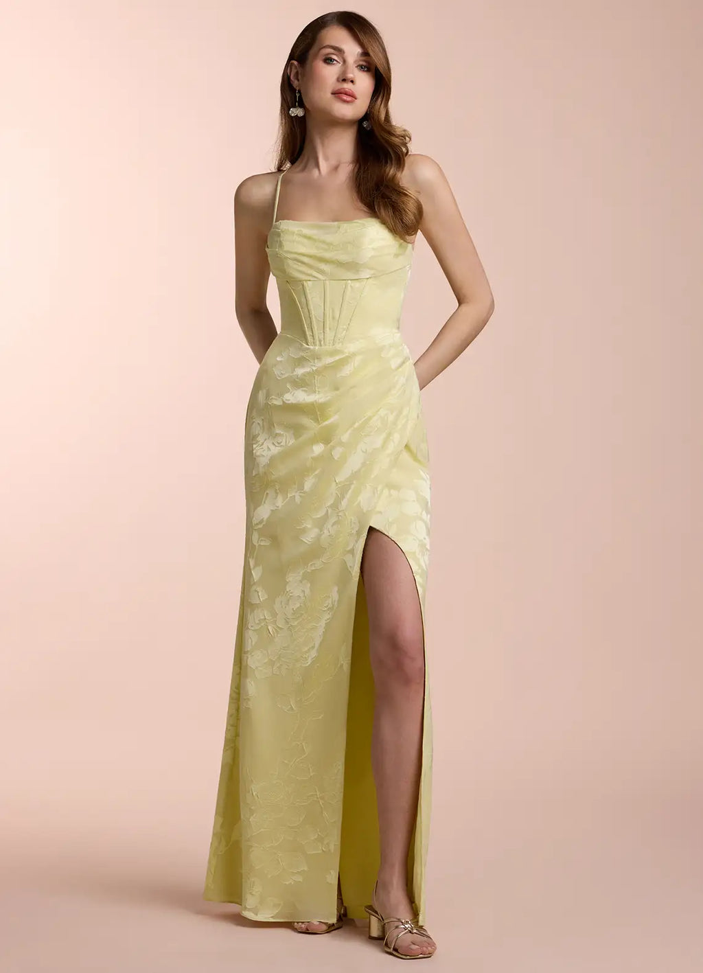 Yellow Light Jacquard Prom Dress with Spaghetti Straps Ruched Bodice and High Slit for Formal Galas