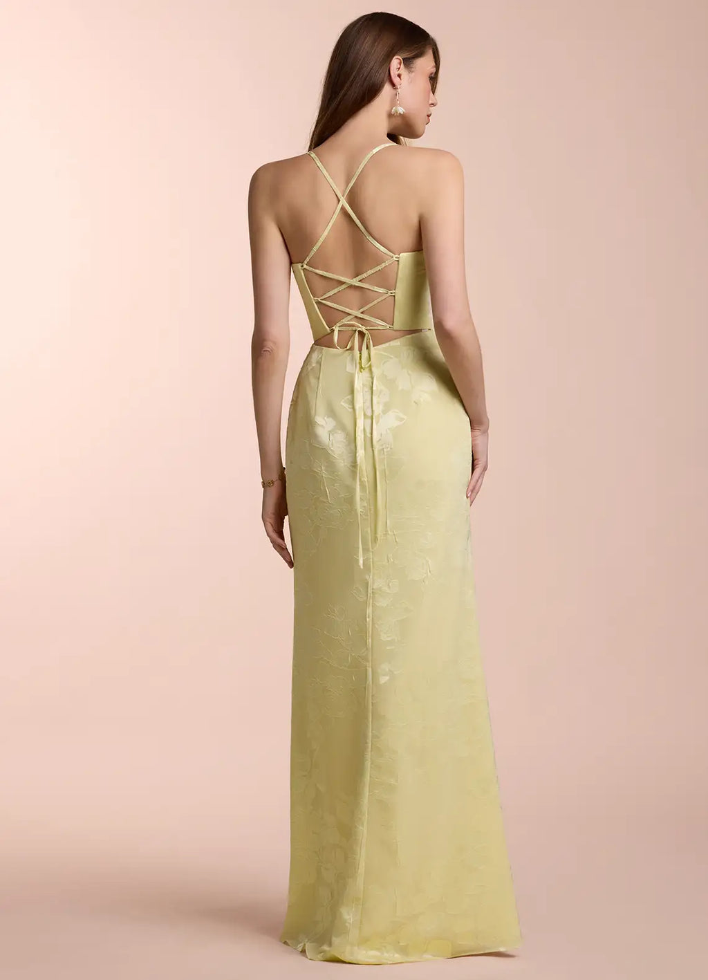 Yellow Light Jacquard Prom Dress with Spaghetti Straps Ruched Bodice and High Slit for Formal Galas