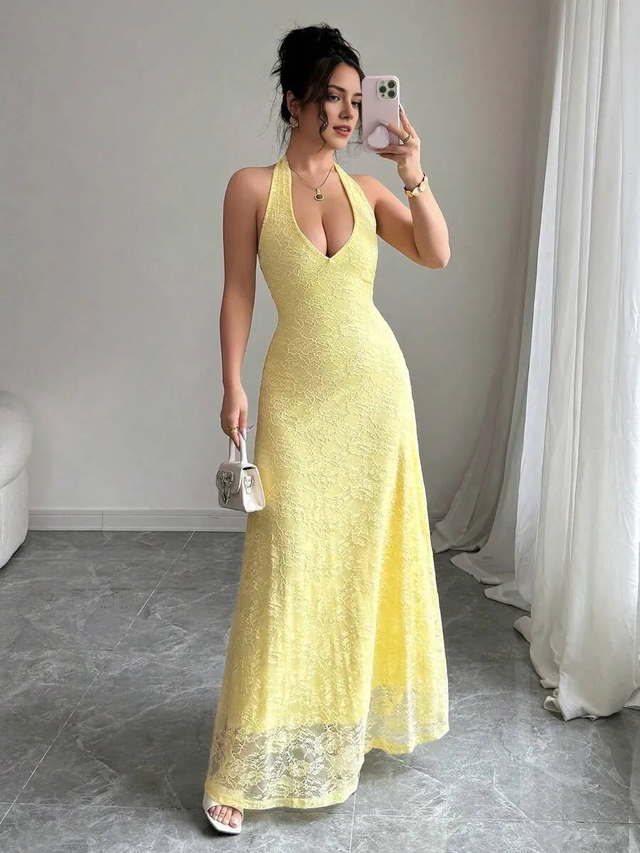 Yellow Light Mermaid Halter Neck Sleeveless Backless Floor-Length Bodice Prom Dress