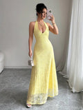 Yellow Light Mermaid Halter Neck Sleeveless Backless Floor-Length Bodice Prom Dress