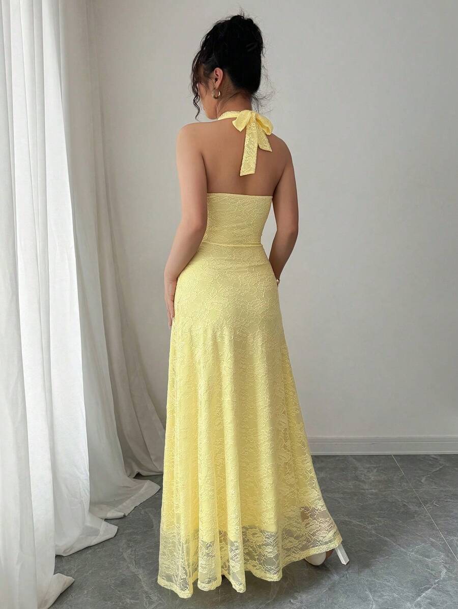 Yellow Light Mermaid Halter Neck Sleeveless Backless Floor-Length Bodice Prom Dress