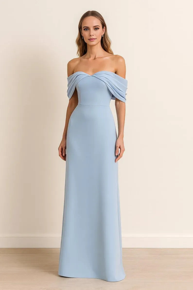 Light blue A-Line Off-Shoulder Sleeveless Back Zip Draped Floor-Length prom Dress