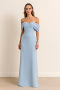 Light blue A-Line Off-Shoulder Sleeveless Back Zip Draped Floor-Length prom Dress