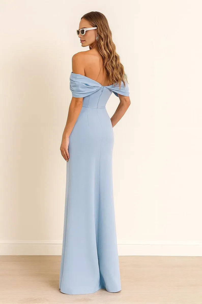 Light blue A-Line Off-Shoulder Sleeveless Back Zip Draped Floor-Length prom Dress