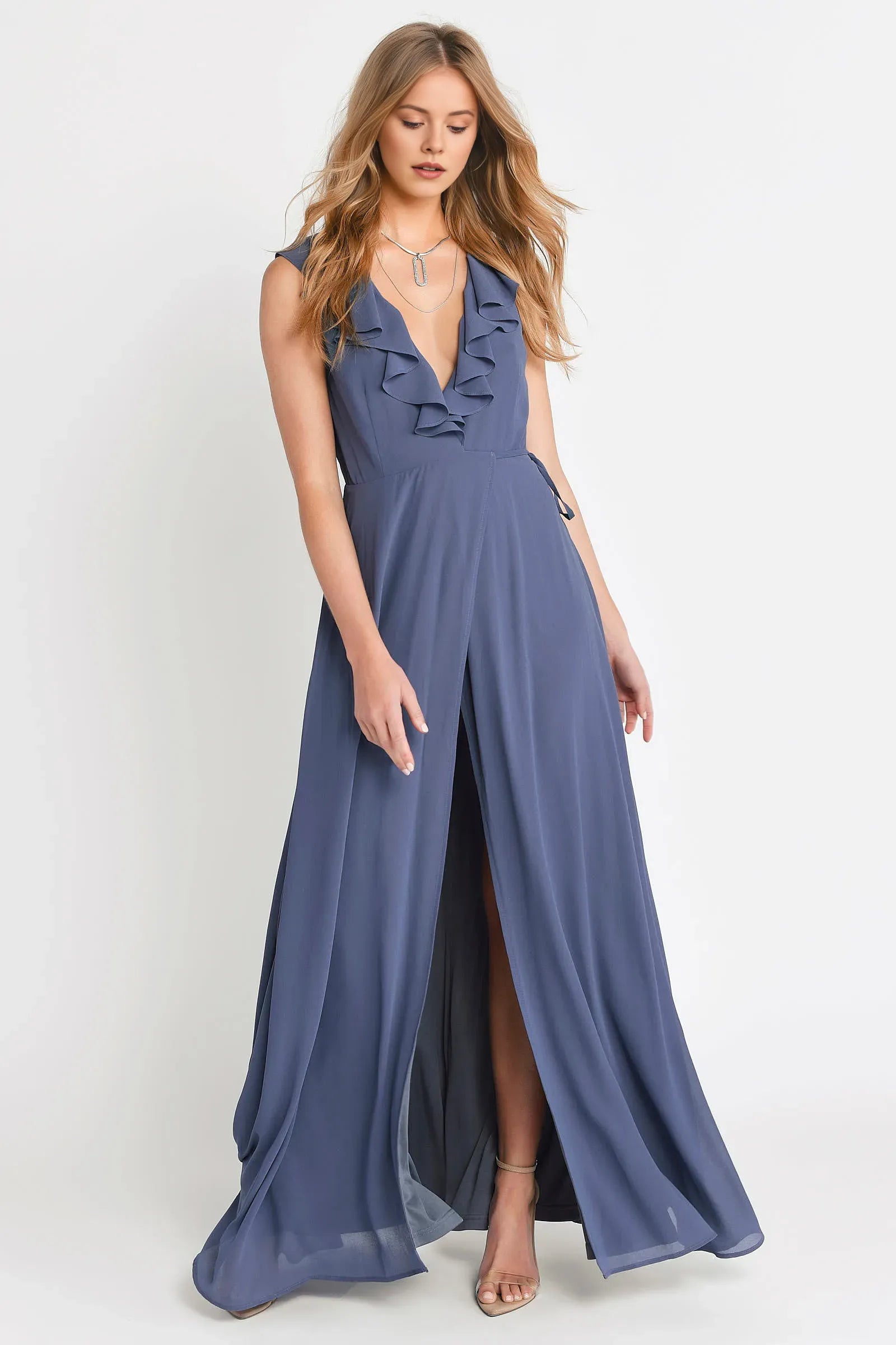 Lilac A-Line Deep V-Neck Ruffled-Sleeve Ruffle High-Slit Floor-Length Prom Dresses