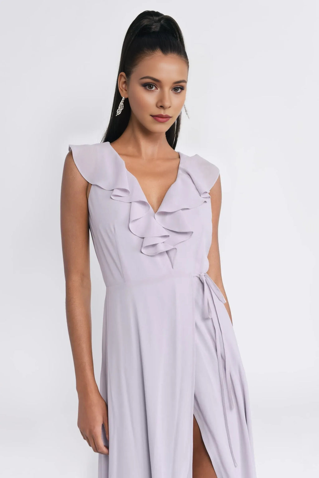 Lilac A-Line Deep V-Neck Ruffled-Sleeve Ruffle High-Slit Floor-Length Prom Dresses