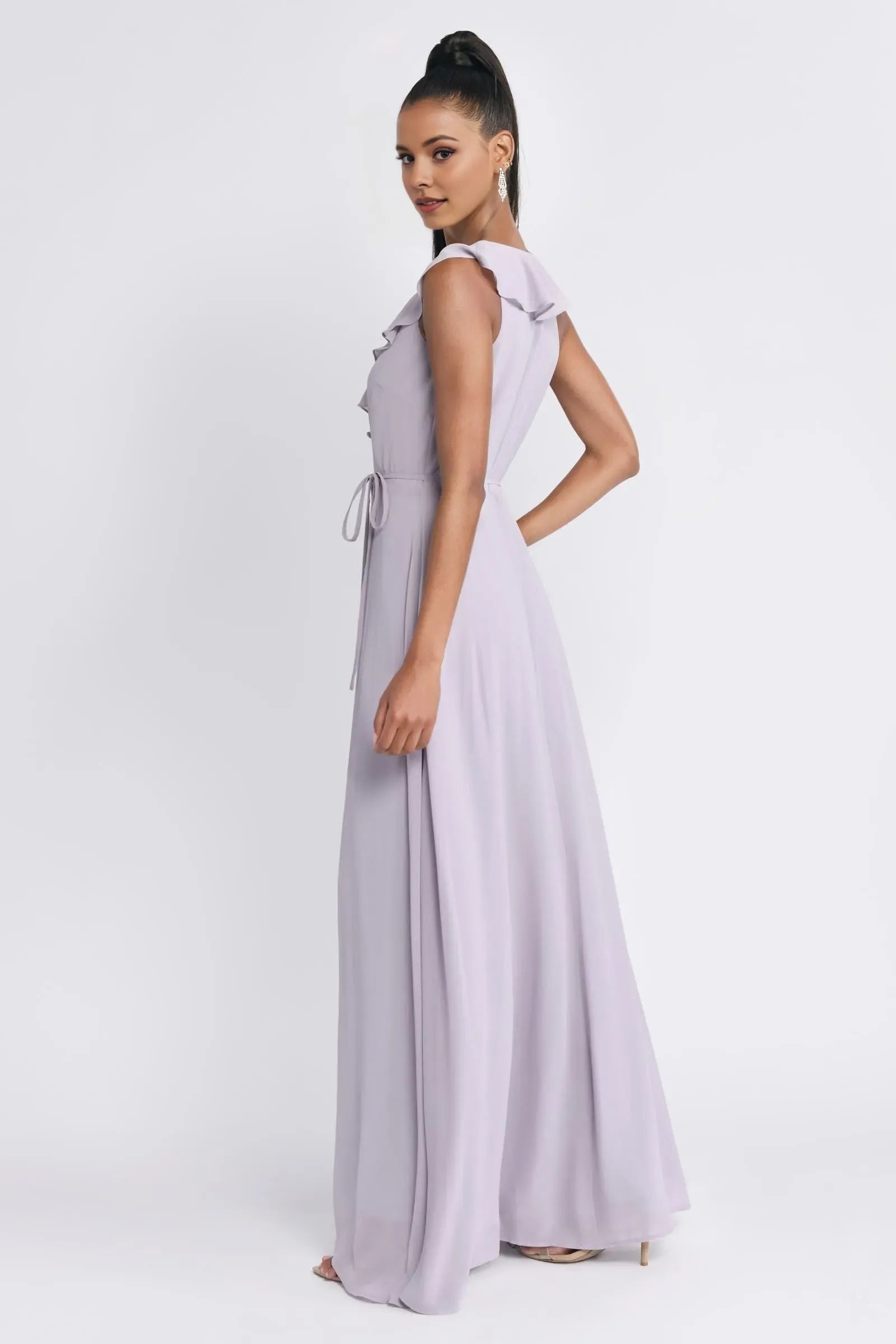 Lilac A-Line Deep V-Neck Ruffled-Sleeve Ruffle High-Slit Floor-Length Prom Dresses