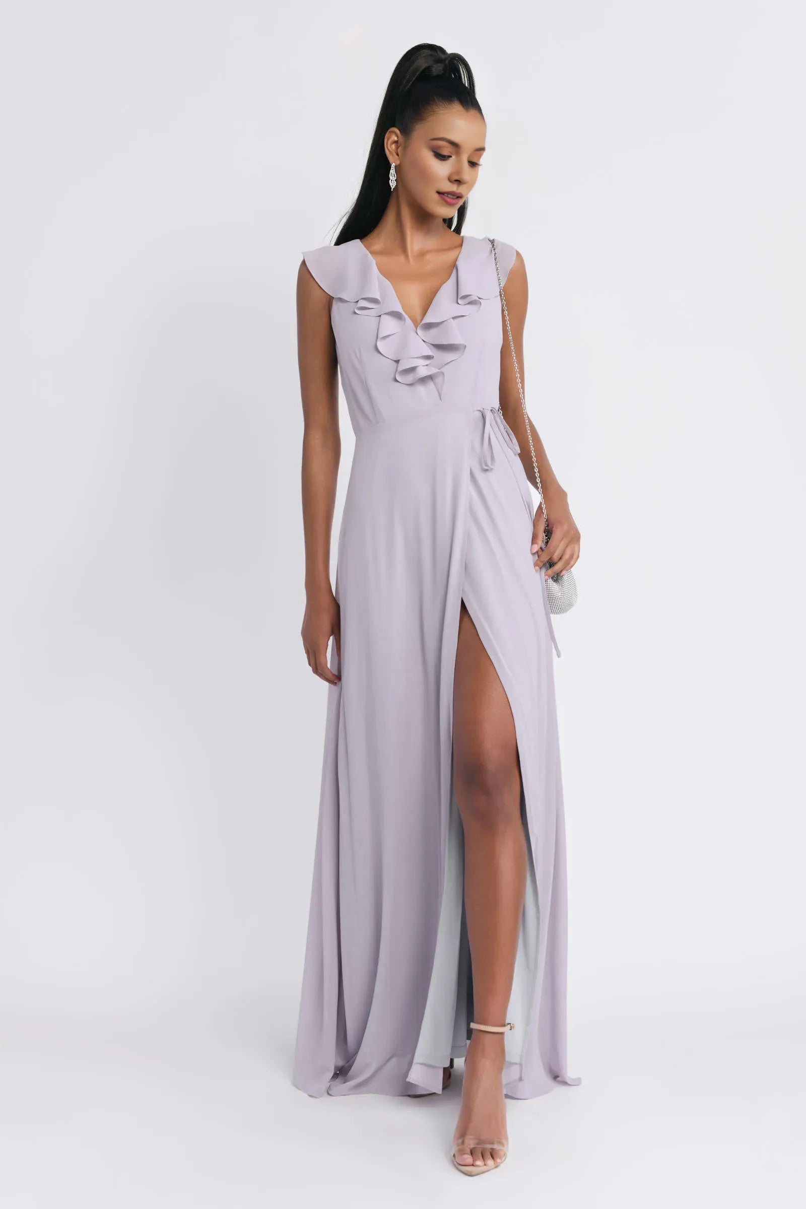 Lilac A-Line Deep V-Neck Ruffled-Sleeve Ruffle High-Slit Floor-Length Prom Dresses