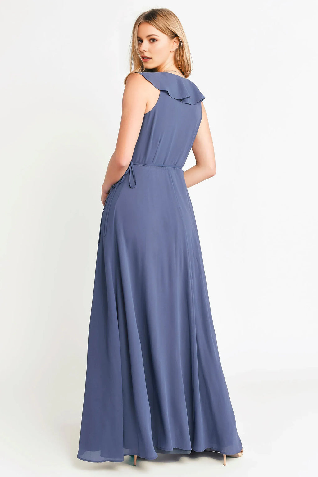 Lilac A-Line Deep V-Neck Ruffled-Sleeve Ruffle High-Slit Floor-Length Prom Dresses