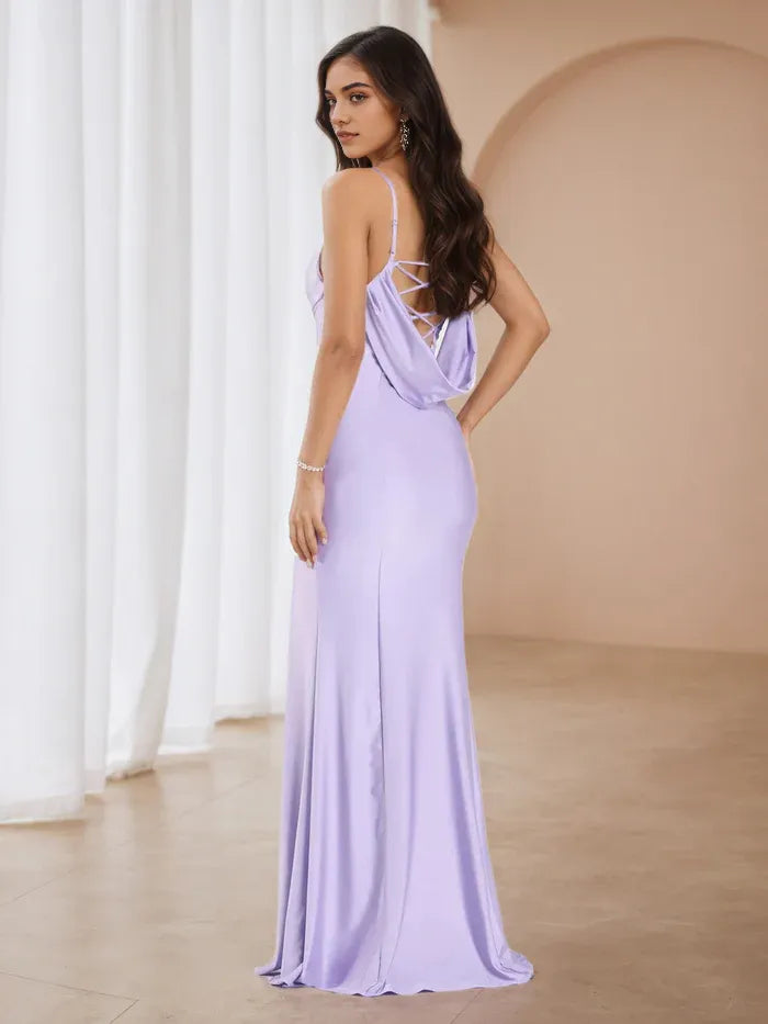 Lilac Evening Gown Structured Bodice Minimalist Spaghetti Straps and Dramatic Side Slit Perfect for Proms and Formal Galas