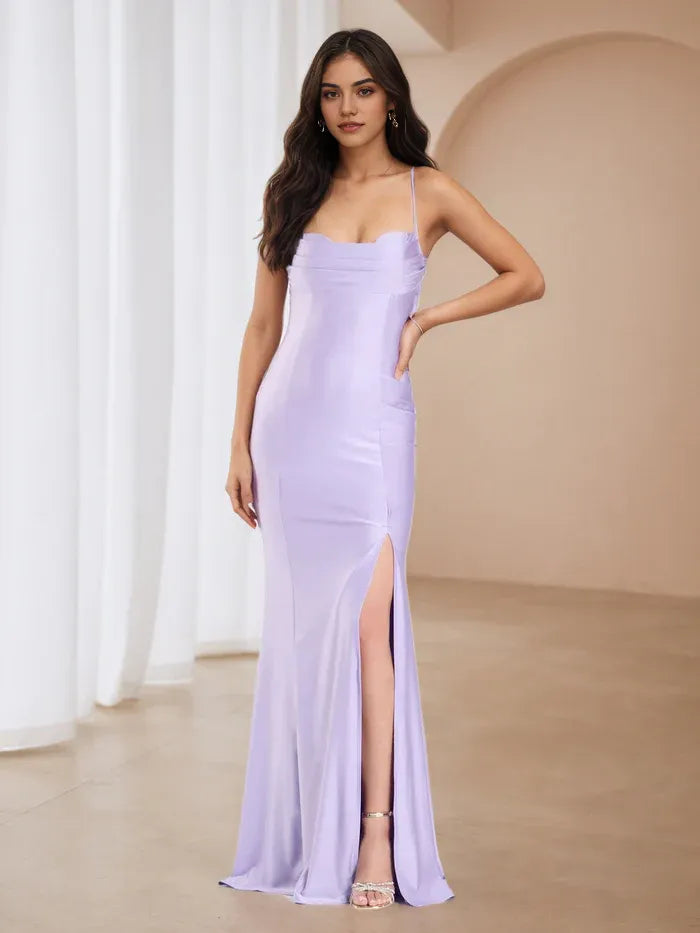 Lilac Evening Gown Structured Bodice Minimalist Spaghetti Straps and Dramatic Side Slit Perfect for Proms and Formal Galas