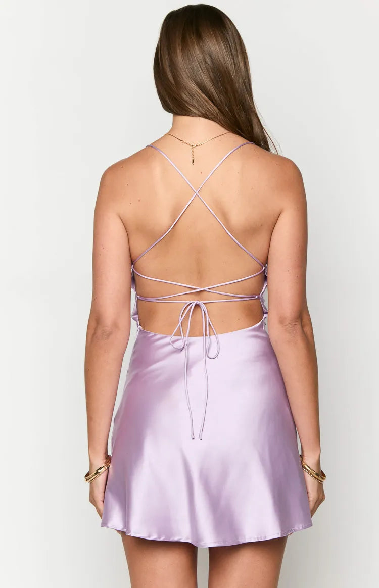 Lilac Homecoming Dress Cowl Neckline Spaghetti Straps Mini Length for a Dreamy Vibe