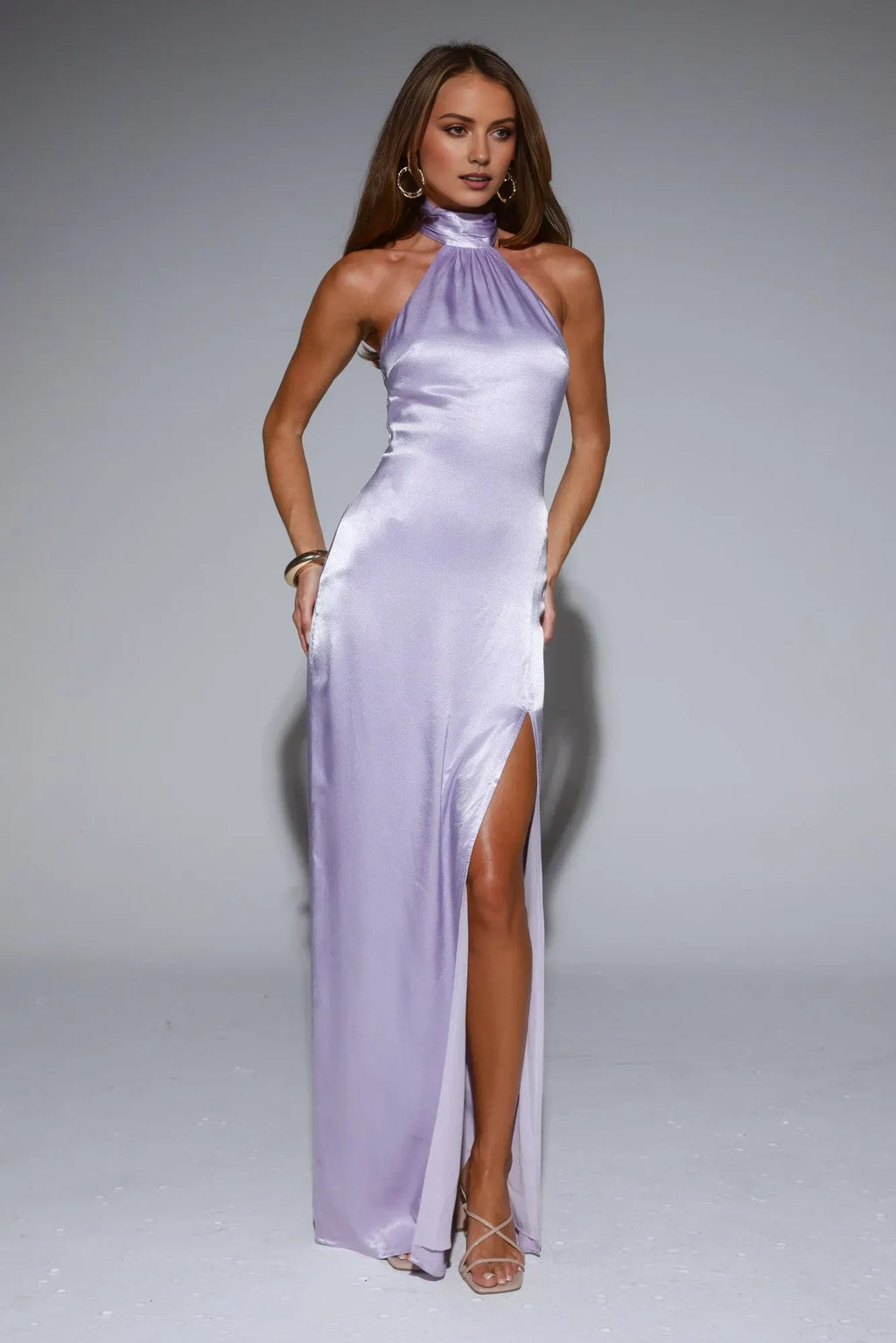 Lilac Sheath Halter Neck Sleeveless Open Back Floor-Length Prom Dresses with High Slit