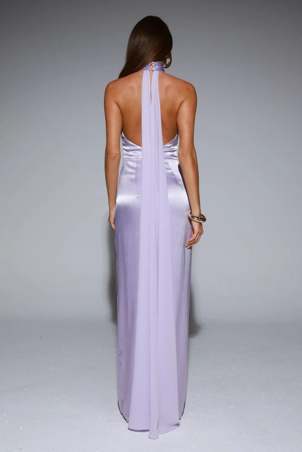 Lilac Sheath Halter Neck Sleeveless Open Back Floor-Length Prom Dresses with High Slit