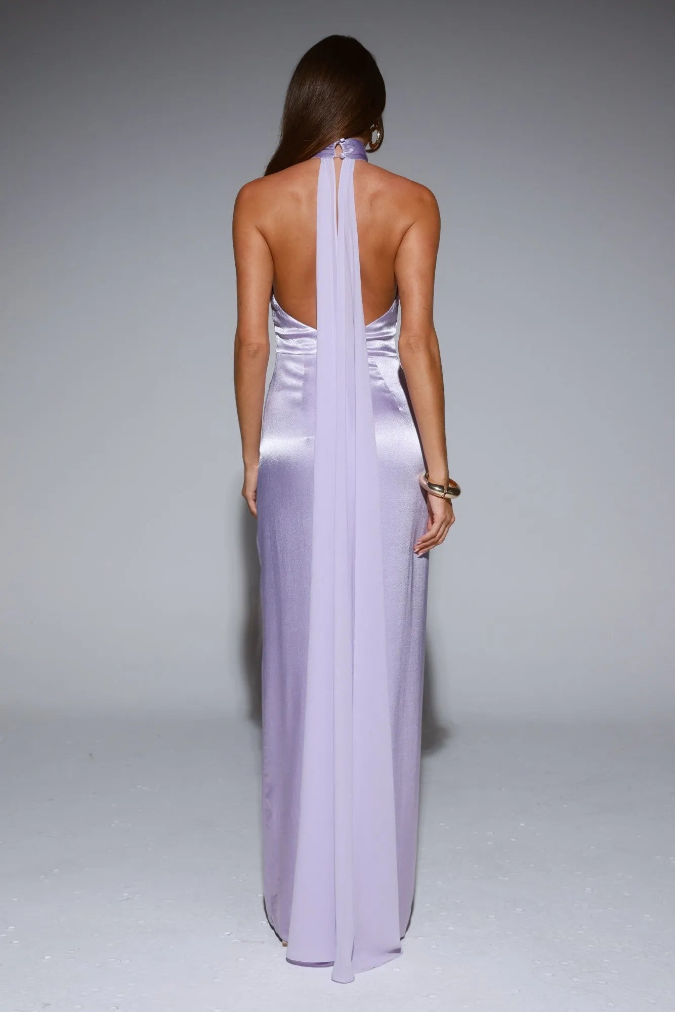 Lilac Sheath Halter Neck Sleeveless Open Back Floor-Length Prom Dresses with High Slit