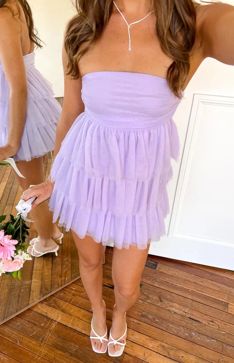 Lilac Strapless Ruffle Homecoming Dresses Featuring Tiered Ruffles Bandeau Design