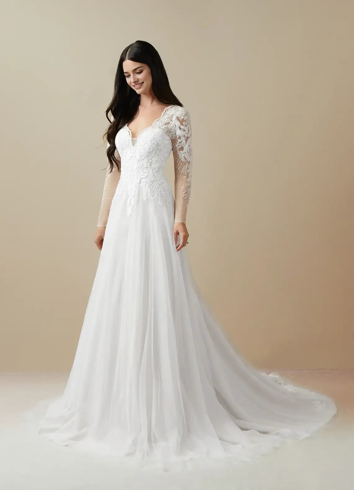 White Long Sleeve Diamond A-Line V-Neck Sequins Wedding Dress Sheer Plunging Floral Embroidery Train for Romantic Weddings