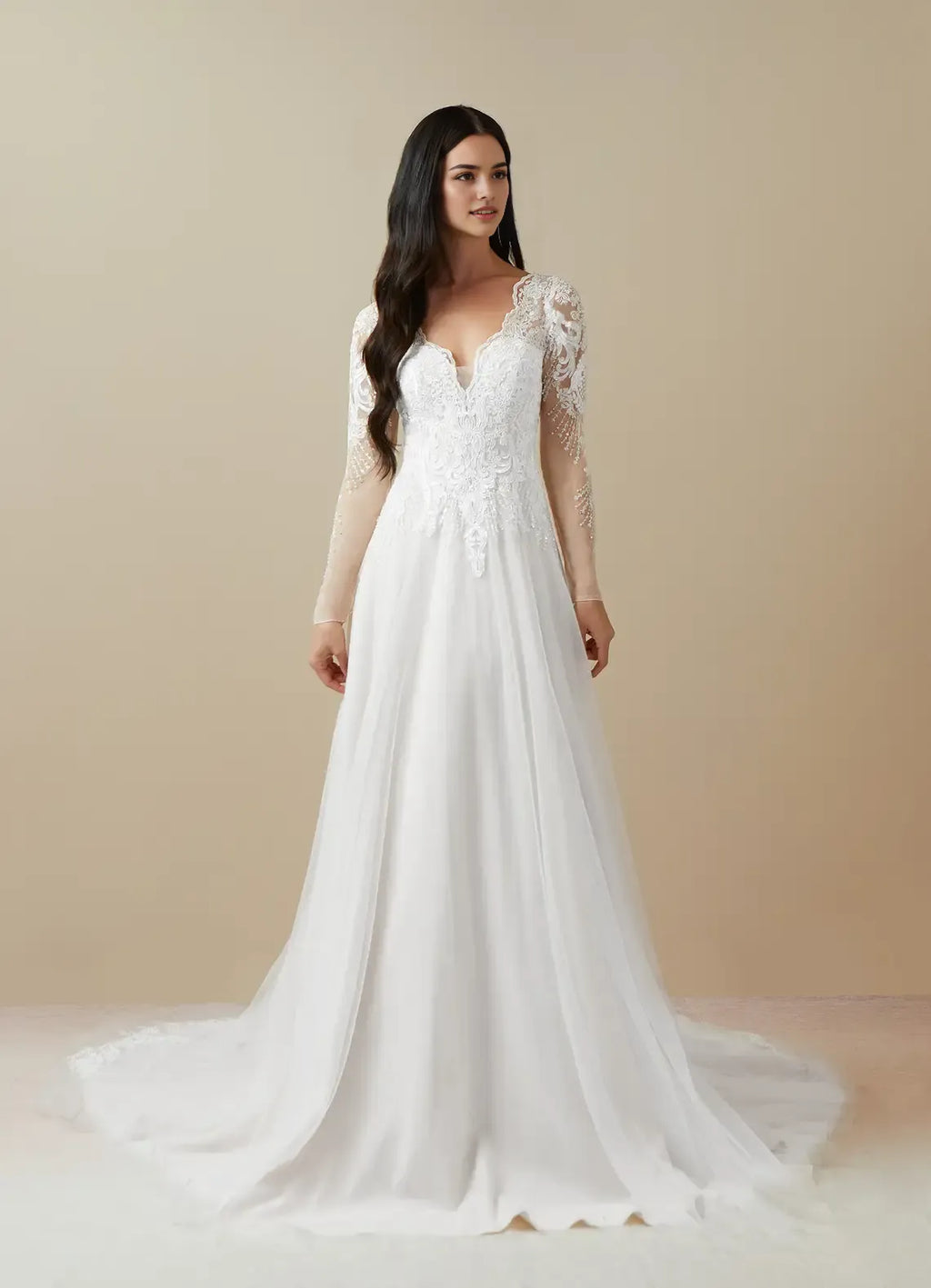 White Long Sleeve Diamond A-Line V-Neck Sequins Wedding Dress Sheer Plunging Floral Embroidery Train for Romantic Weddings