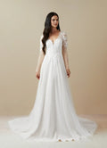 White Long Sleeve Diamond A-Line V-Neck Sequins Wedding Dress Sheer Plunging Floral Embroidery Train for Romantic Weddings
