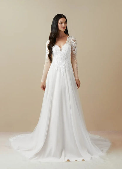 Elegant White Floral A-Line V-Neck Long-Sleeve Classic-Back Floor-Length Wedding Dress