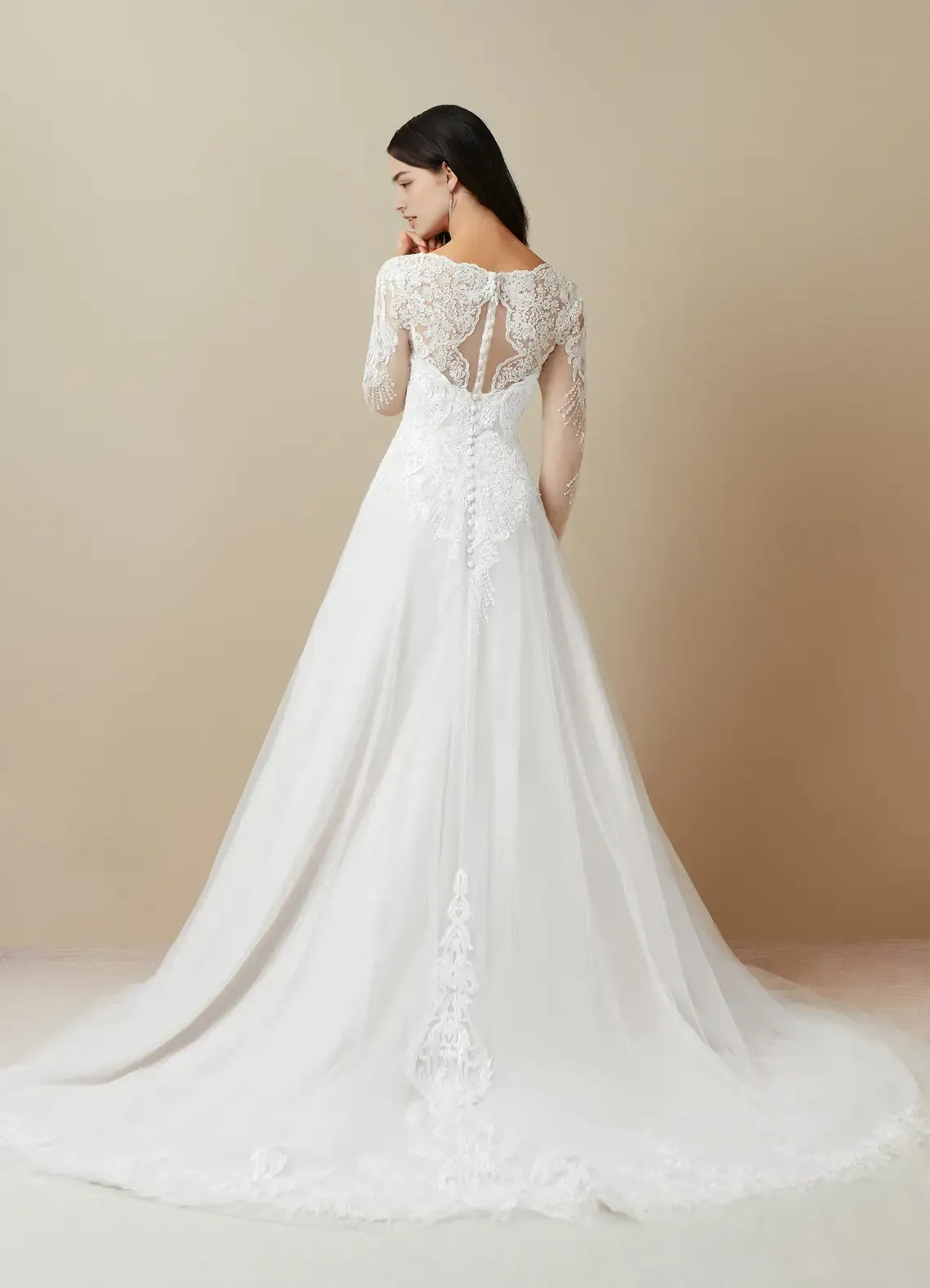White Long Sleeve Diamond A-Line V-Neck Sequins Wedding Dress Sheer Plunging Floral Embroidery Train for Romantic Weddings