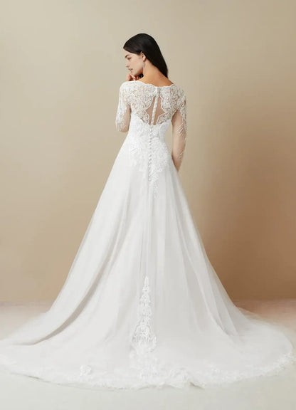 Elegant White Floral A-Line V-Neck Long-Sleeve Classic-Back Floor-Length Wedding Dress