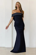 Black Mermaid Off Shoulder Pleated Maxi Prom Dress With Bow