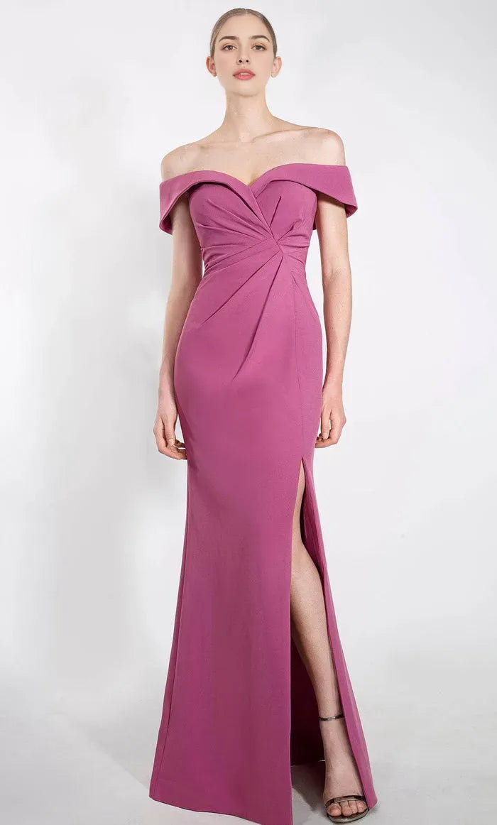 Magenta Off - Shoulder Evening Dress with Twist Front and Side Slit for Formal Occasions