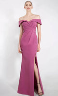 Magenta Off - Shoulder Evening Dress with Twist Front and Side Slit for Formal Occasions
