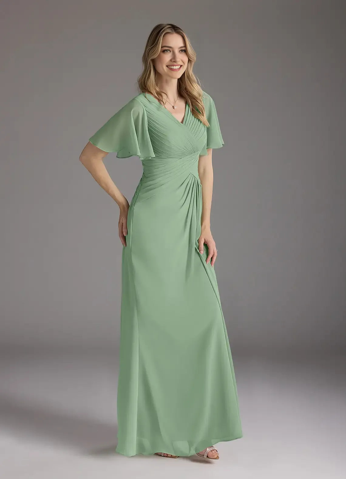 Matcha A-Line Exquisite V - Neck Sleeves Ruched Mother of the Bride Dress