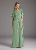 Matcha A-Line Exquisite V - Neck Sleeves Ruched Mother of the Bride Dress