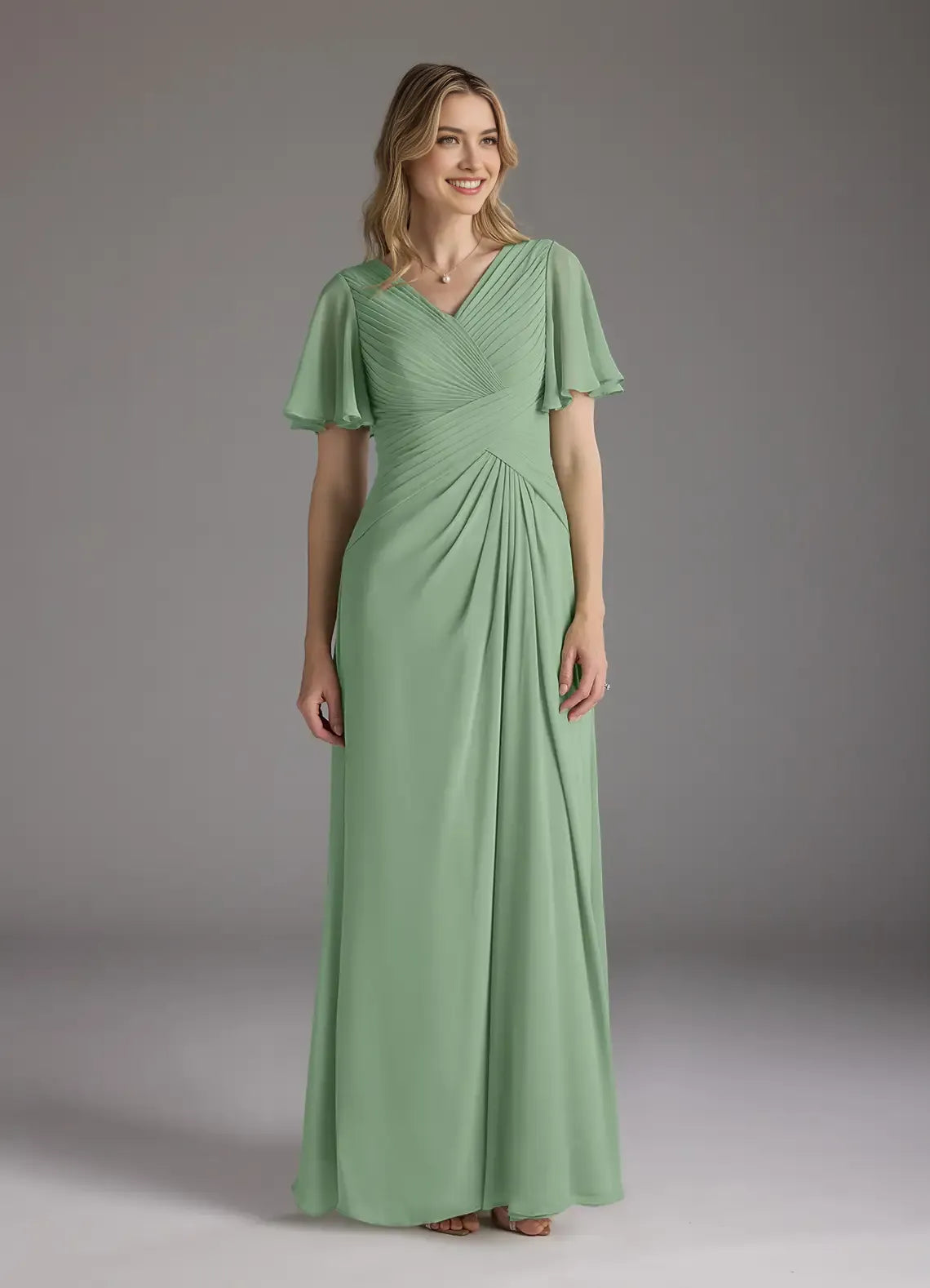 Matcha A-Line Exquisite V - Neck Sleeves Ruched Mother of the Bride Dress