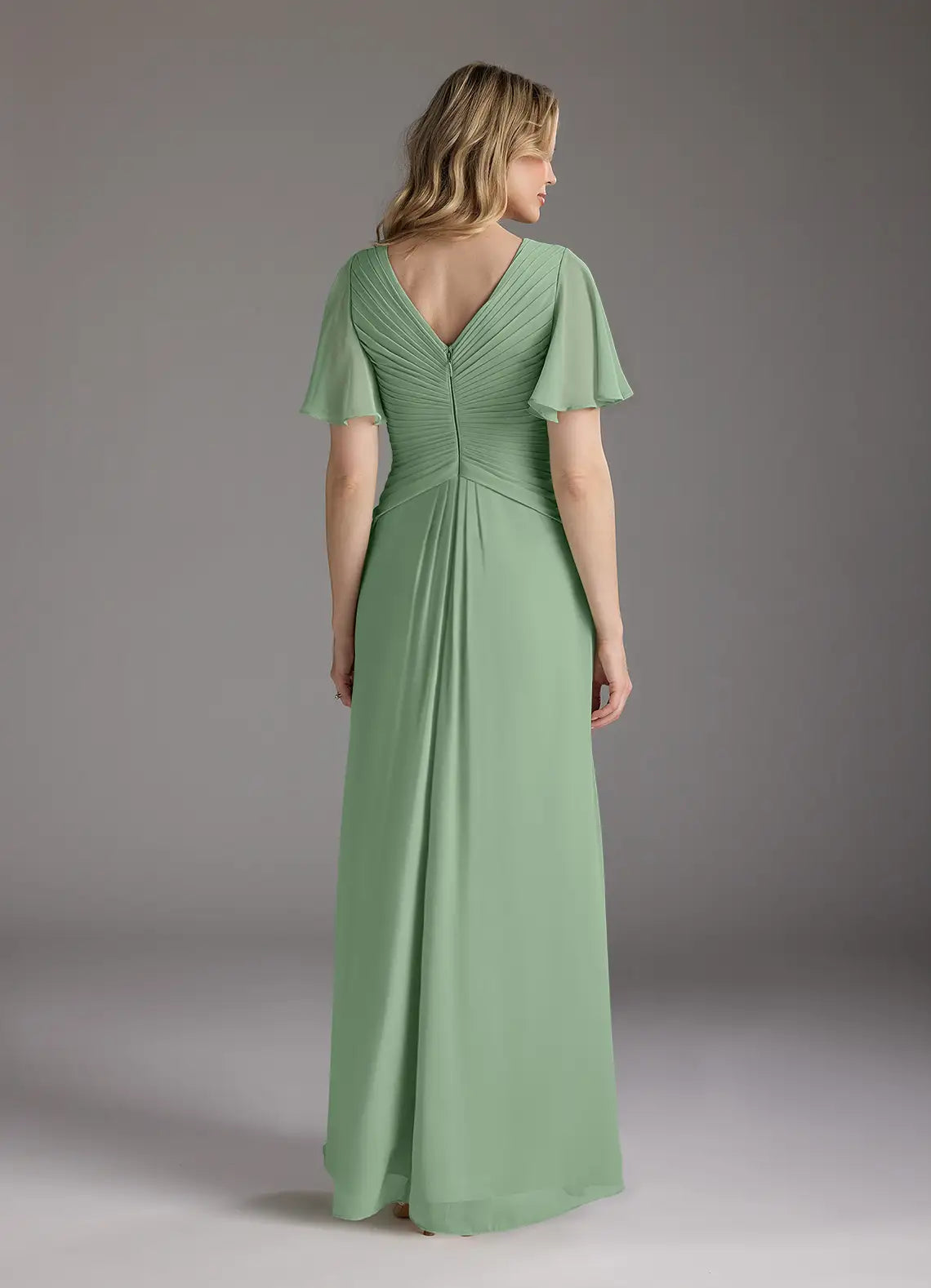 Matcha A-Line Exquisite V - Neck Sleeves Ruched Mother of the Bride Dress