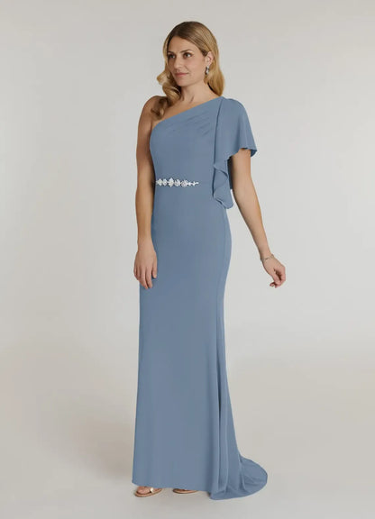 Sophisticated Graceful Elegant Dusty Blue Mermaid Asymmetric Mother of the Bride Dress