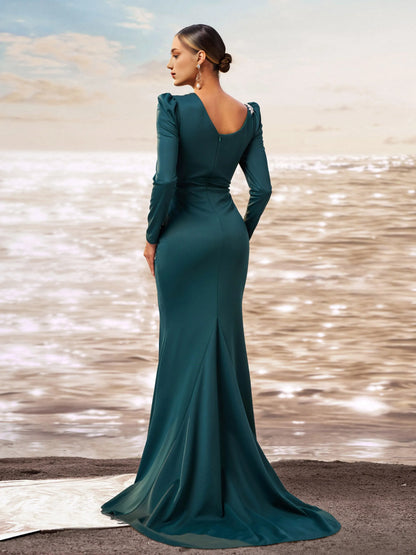 Special Occasion Sophisticated Graceful Elegant Red Mermaid Asymmetric Long Sleeve Floor-Length Prom Dress