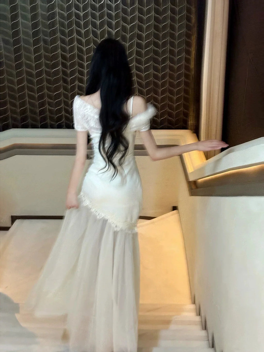 Ivory Mermaid Asymmetrical Neck Short Sleeve Maxi Prom Dress